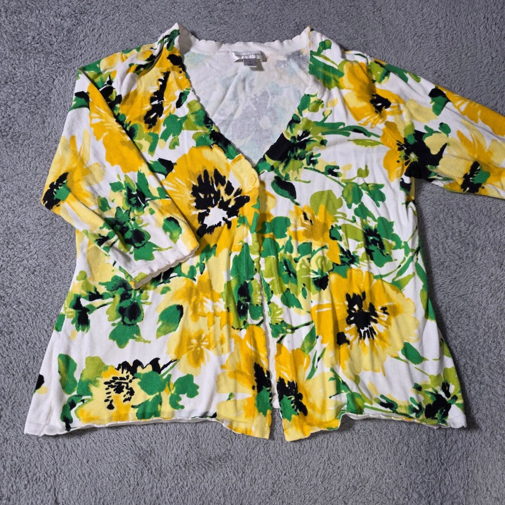 Christopher & Banks Womens XL Cardigan White Yellow Floral 3/4 Sleeve Cotton